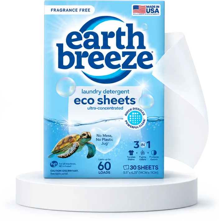 Earth Breeze laundry detergent eco sheets package with a sheet sliding out