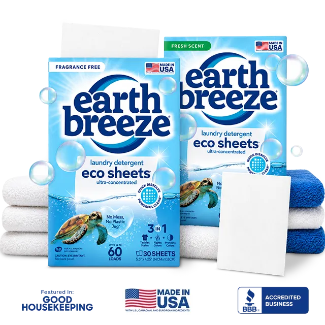 Earth Breeze laundry detergent eco sheets, featured in Good Housekeeping, made in USA