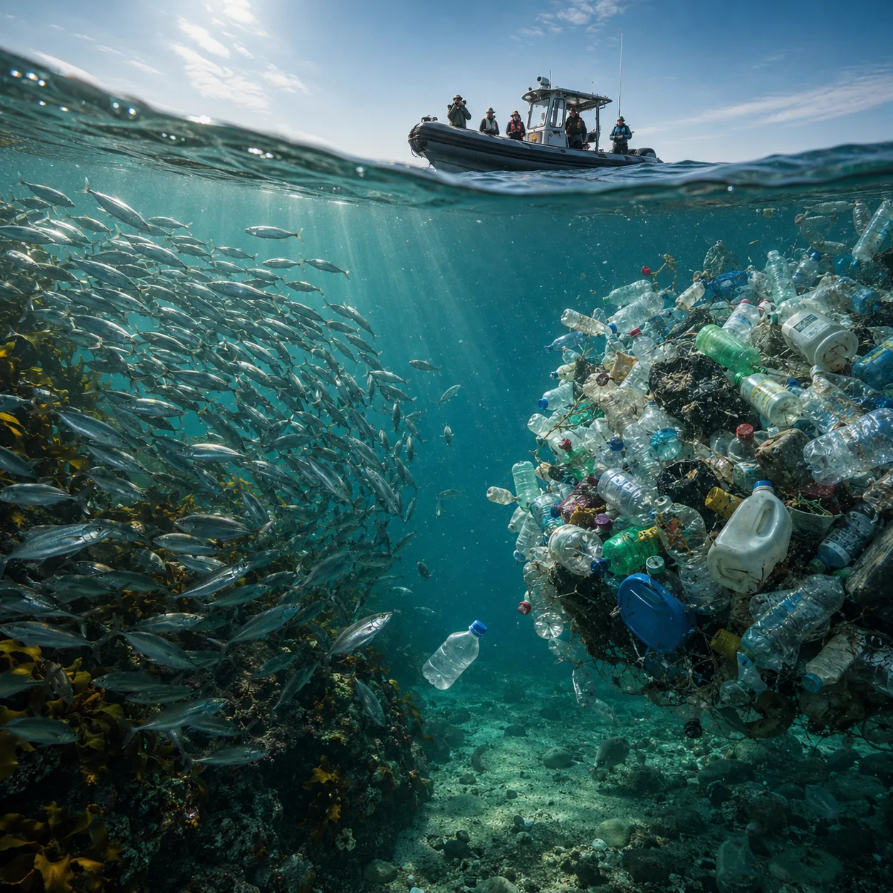 Underwater view of a school of fish beside a floating mass of plastic waste