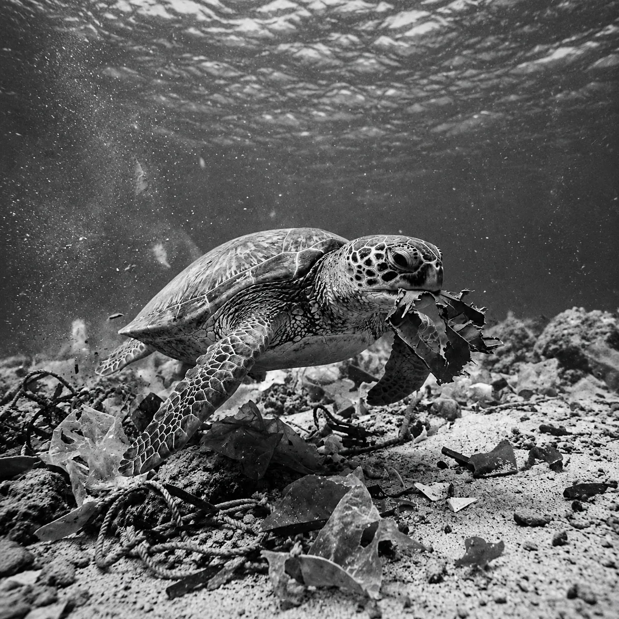 A sea turtle with plastic debris in its mouth on the ocean floor