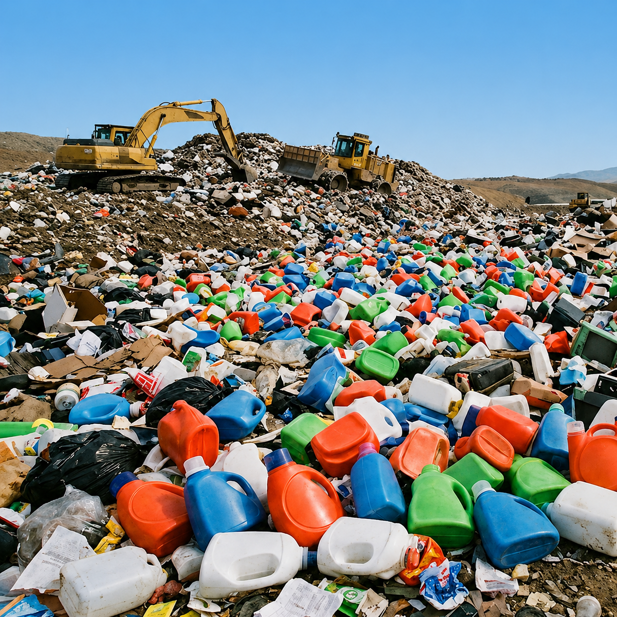 Plastic detergent jugs piling up in a landfill
