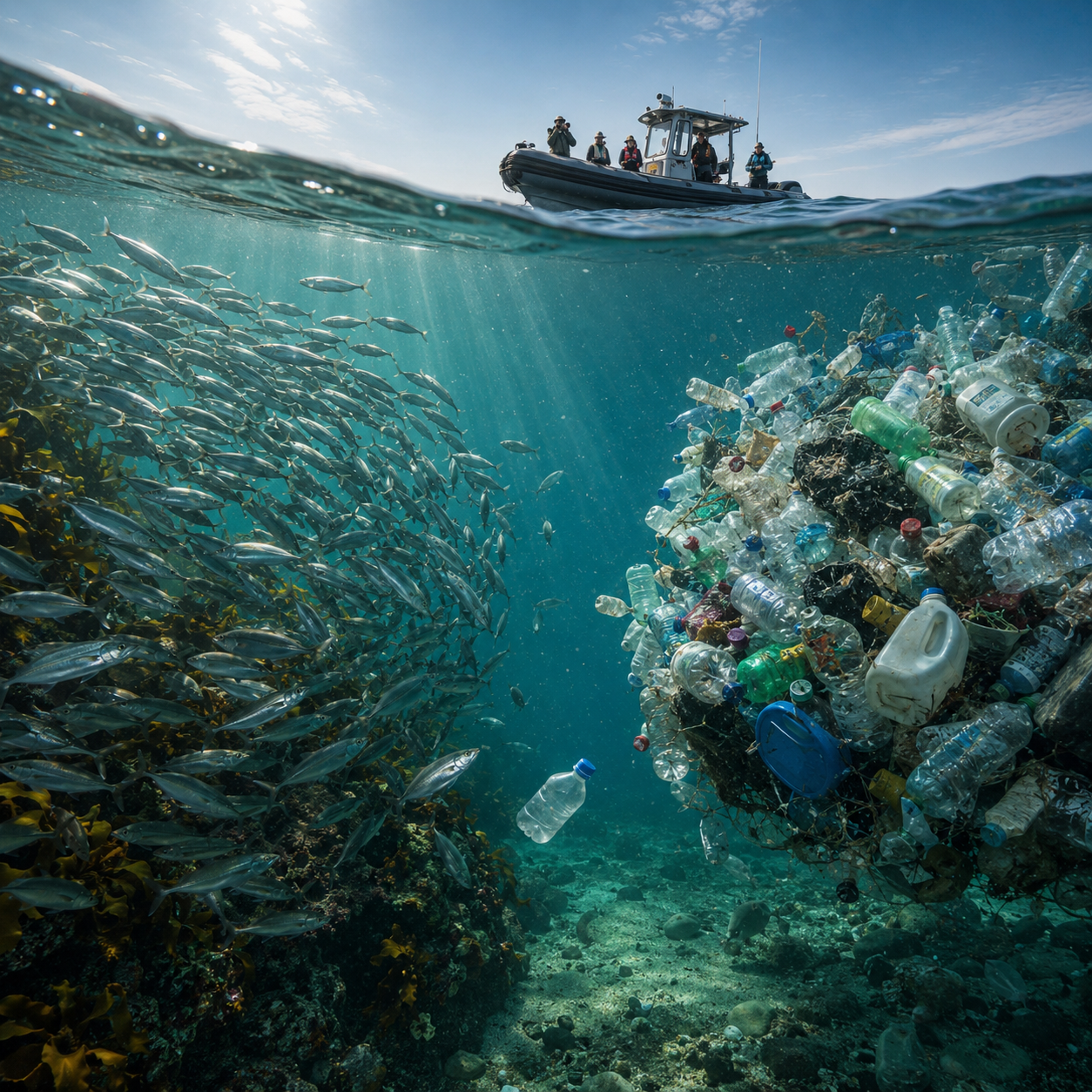 Fish swimming near plastic waste underwater