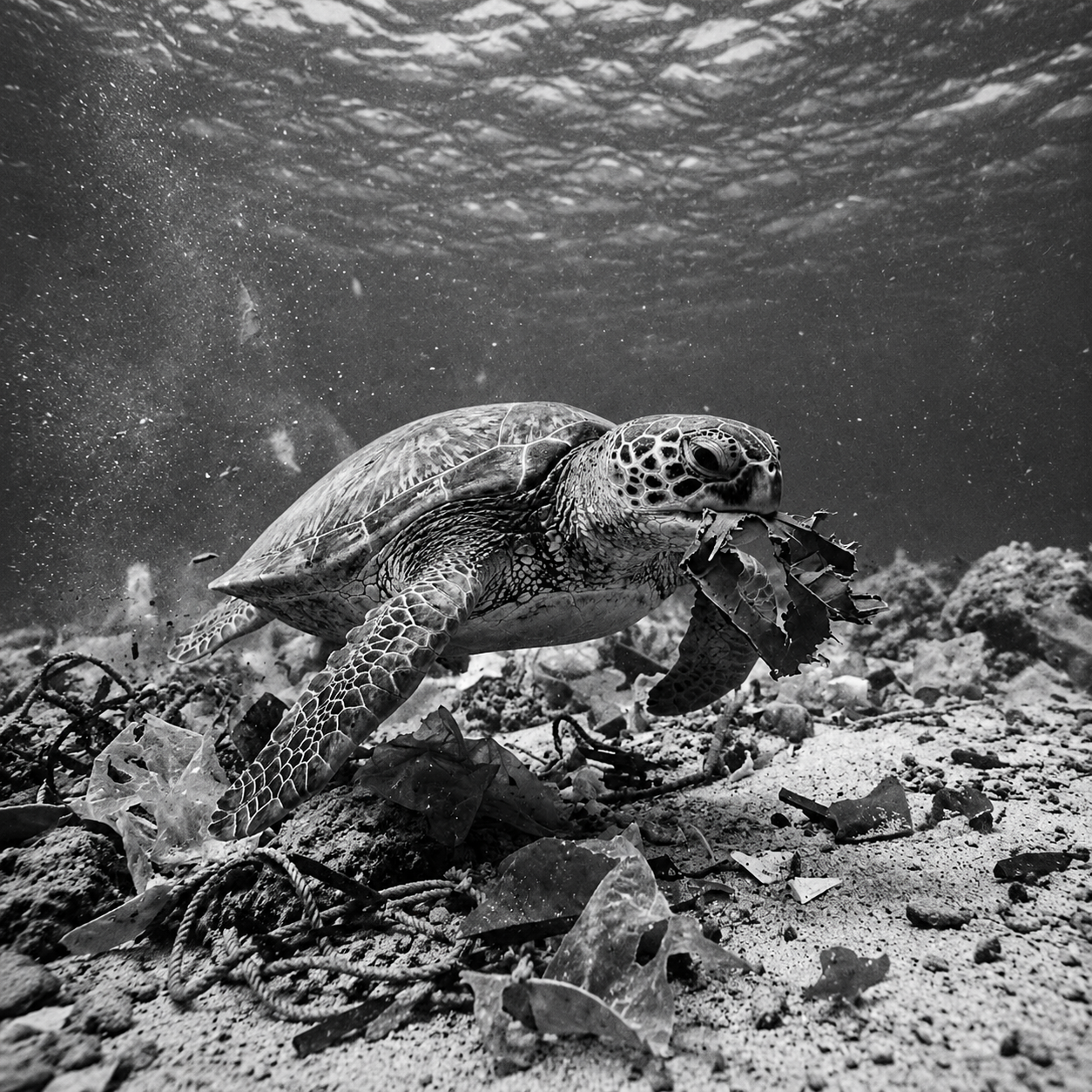 Sea turtle eating plastic underwater