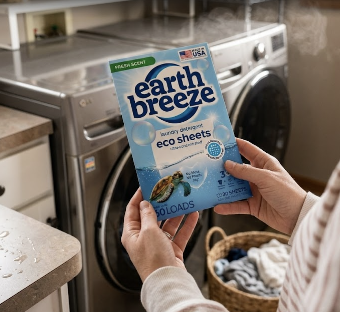 Earth Breeze eco sheets held in a laundry room